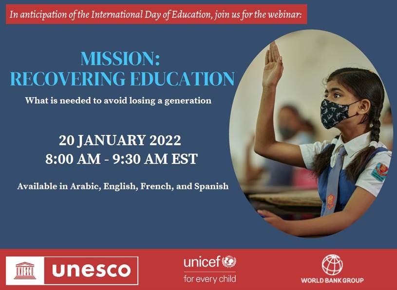 Mission: Recovering Education - What is needed to avoid losing a generation, Global webinar on 20 January